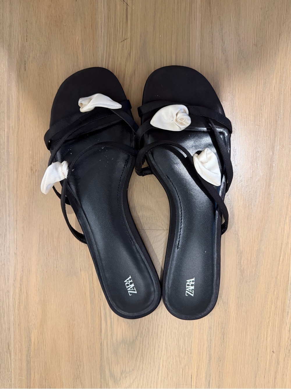ZARA Black Strappy Mules with White Rosette Accents
